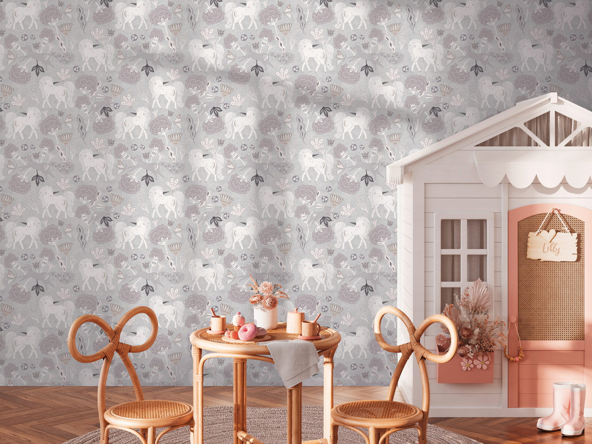 AS Vliestapete Lilly & Luis Einhorn Grau 771381