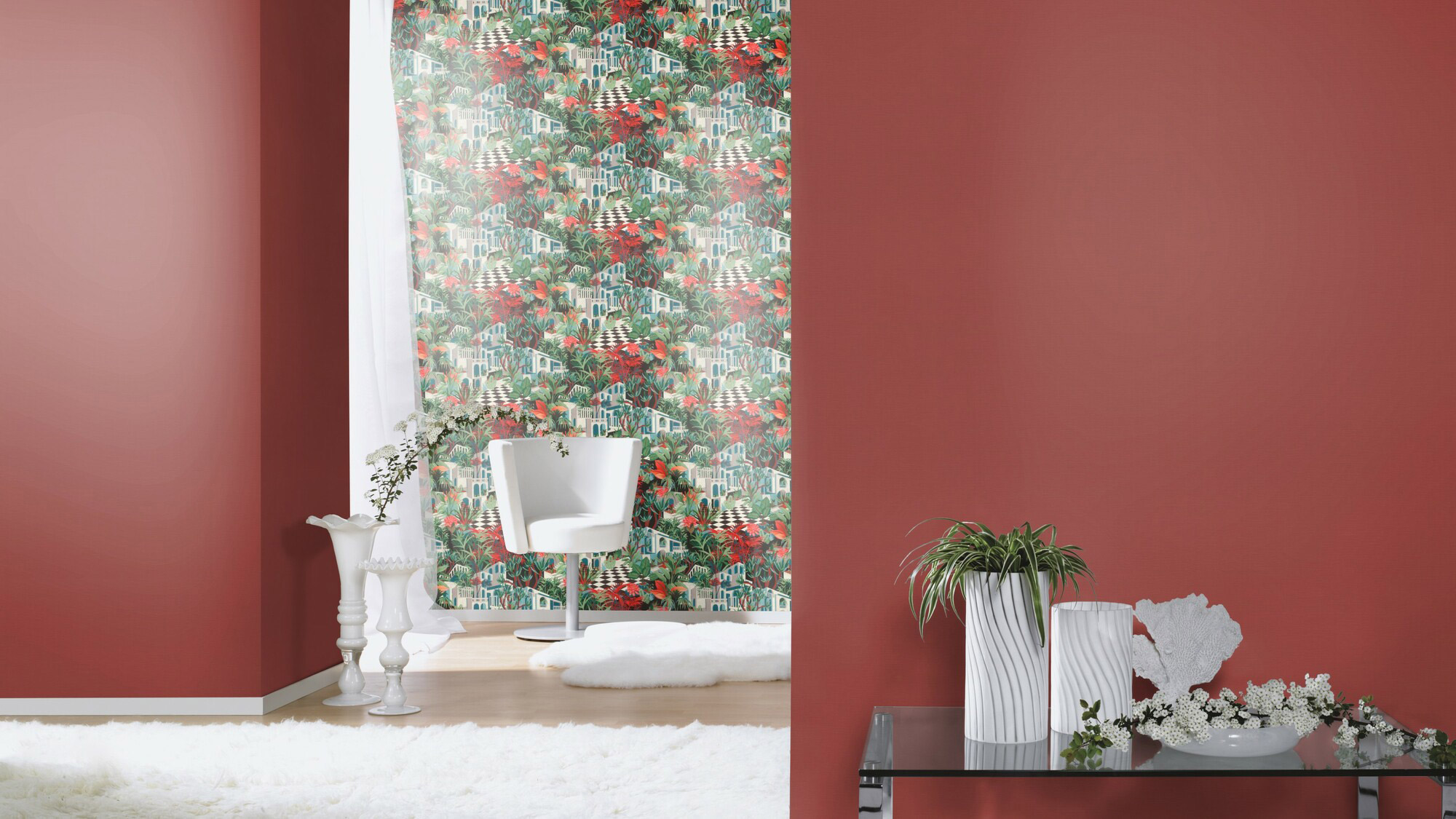 Rasch Vliestapete Tropical House Floral Häuser rot 687408