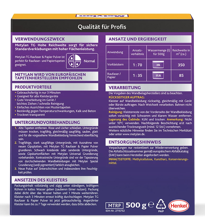 Metylan TG Hohe Reichweite Raufaser & Papier Pulver | 500 g